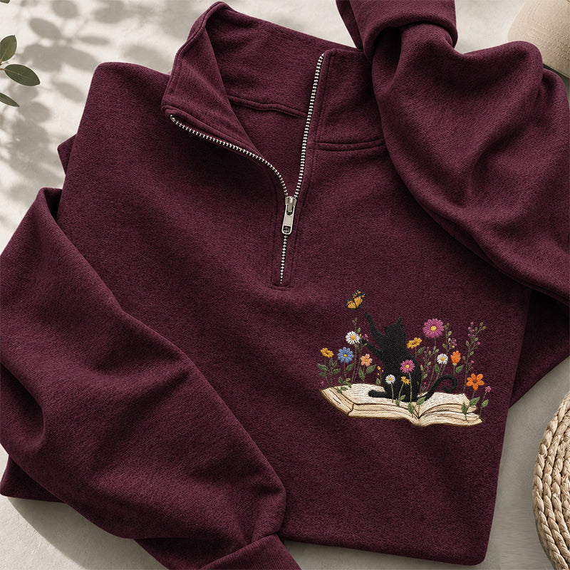 Embroidered Floral Book Cat Classic Quarter Zip Sweatshirt