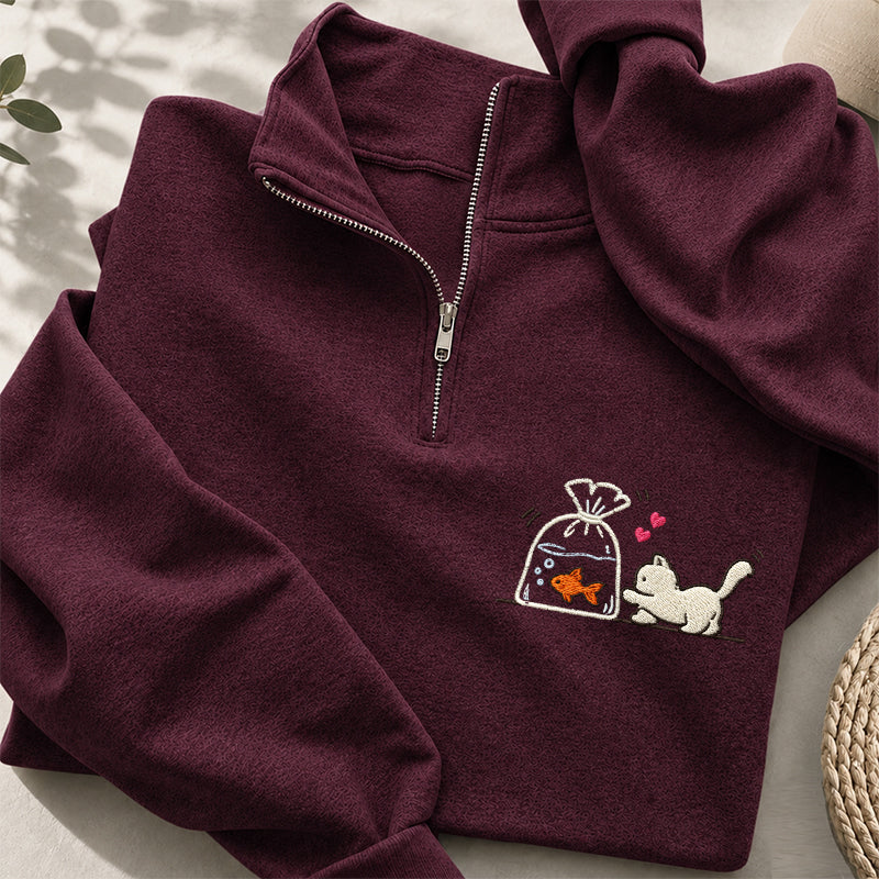 Embroidered Kitten Goldfish Classic Quarter Zip Sweatshirt