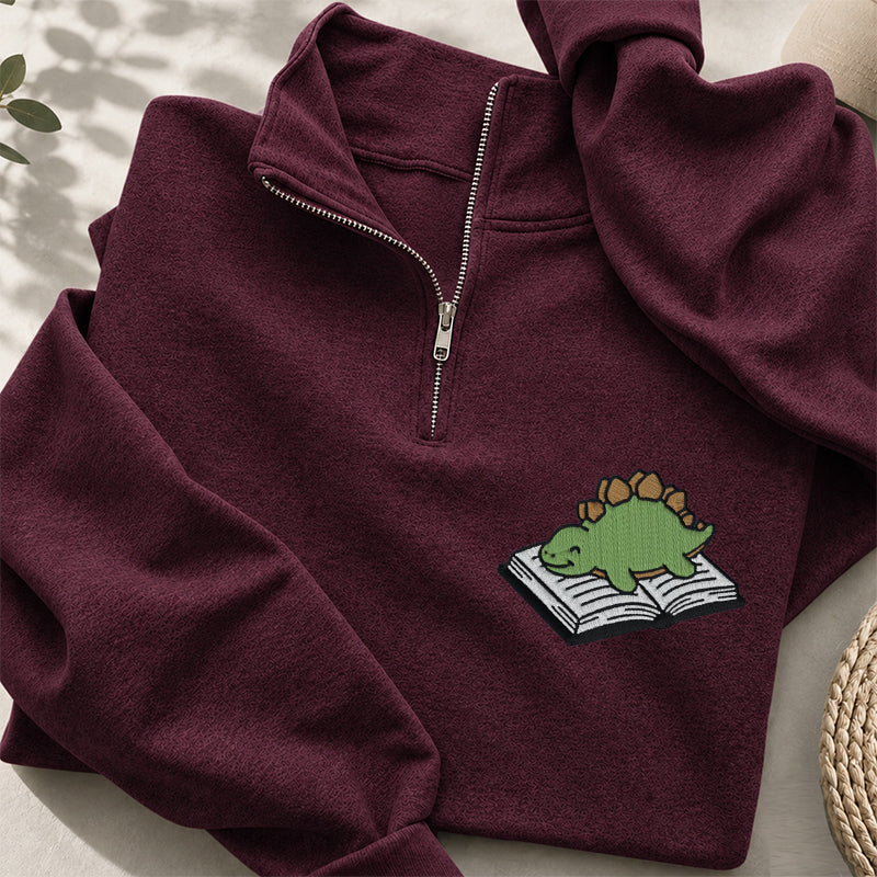 Embroidered Dinosaur Reading Books Classic Quarter Zip Sweatshirt