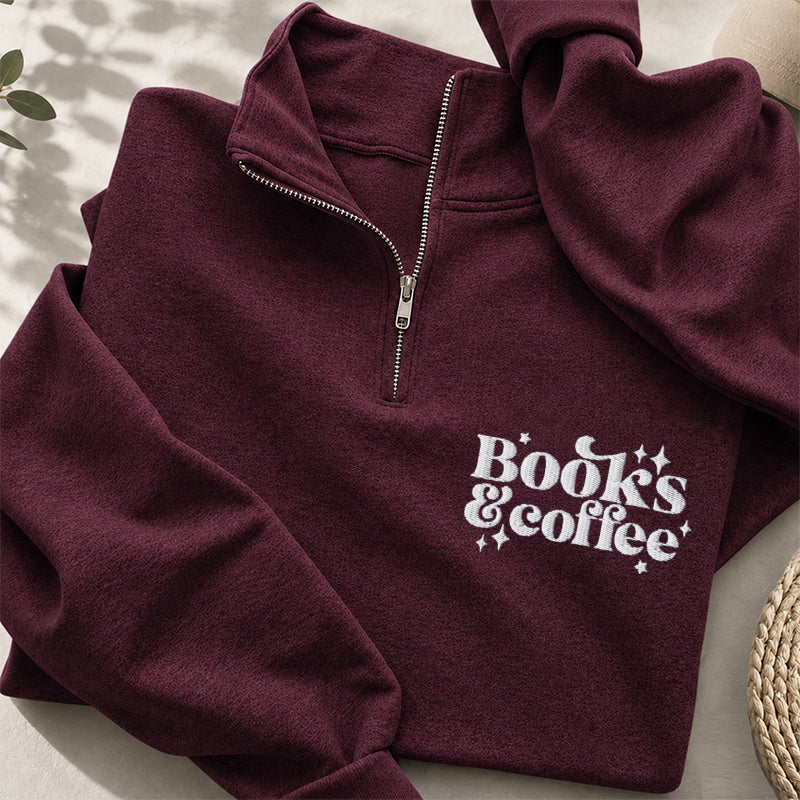 Personalized Embroidered Books & Coffee Classic Quarter Zip Sweatshirt