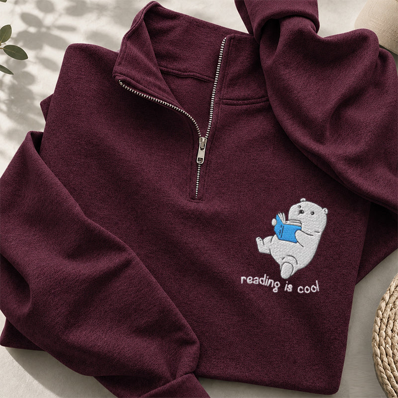 Embroidered Reading Is Cool Polar Bear Classic Quarter Zip Sweatshirt