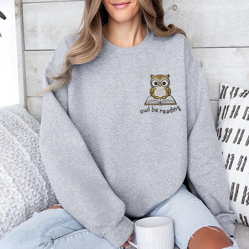 Embroidered Owl Be Reading Classic Crewneck Sweatshirt