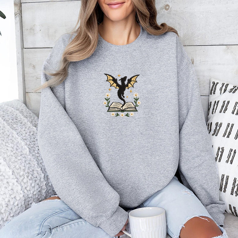 Embroidered Dragon Floral Book Classic Crewneck Sweatshirt