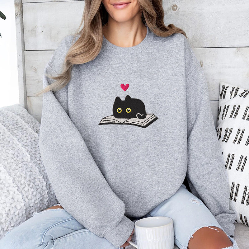 Embroidered Black Cat And Book Classic Crewneck Sweatshirt