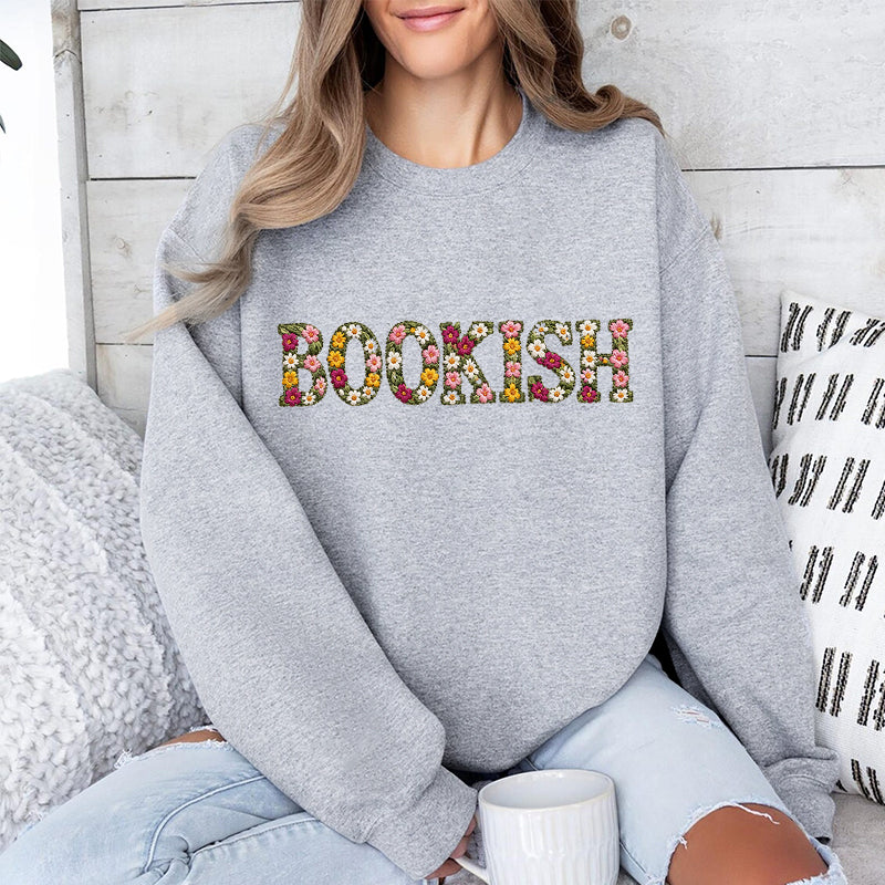 Embroidered Floral Bookish Classic Crewneck Sweatshirt