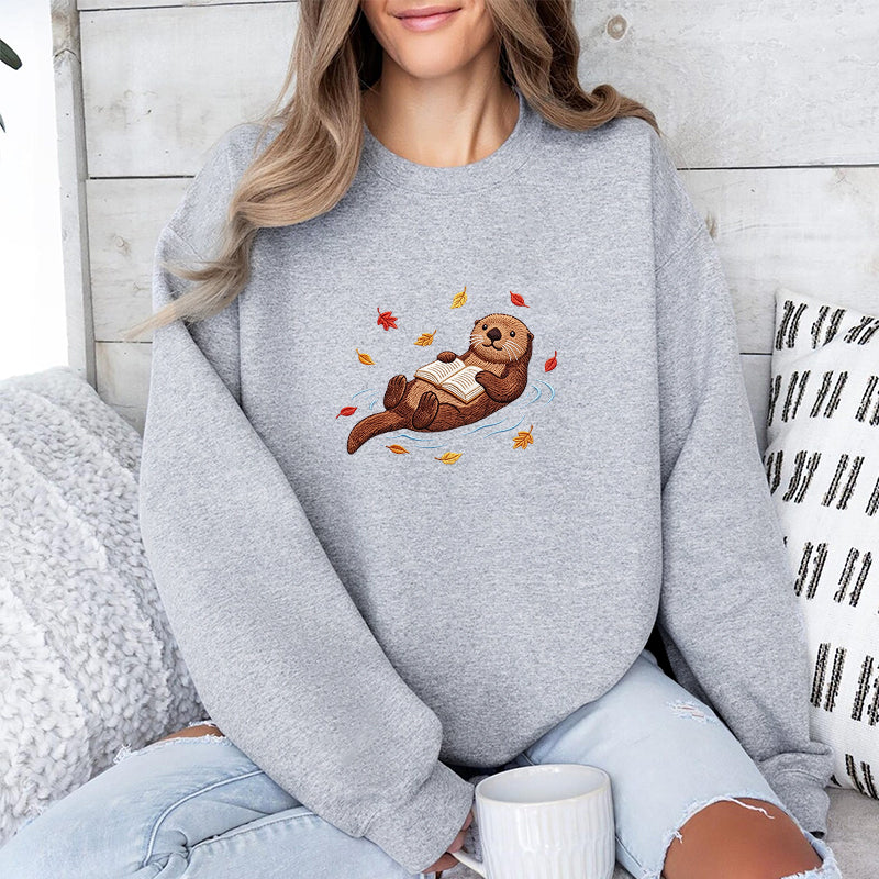 Embroidered Otter Reading Book Classic Crewneck Sweatshirt