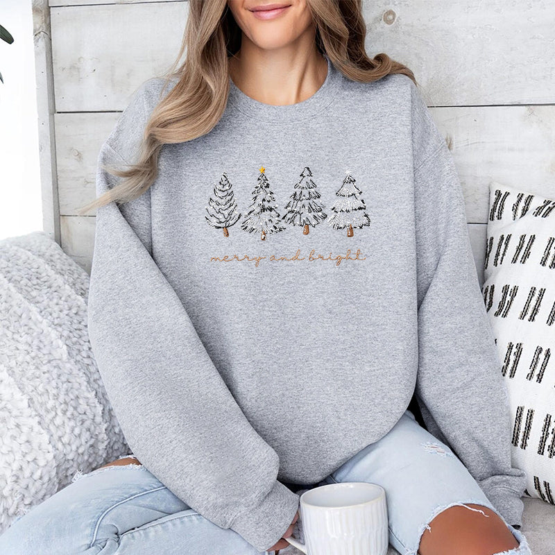 Embroidered Merry & Bright Christmas Tree Classic Crewneck Sweatshirt