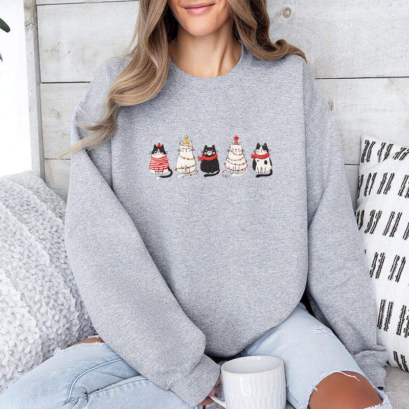Embroidered Cute Cat Christmas Classic Crewneck Sweatshirt