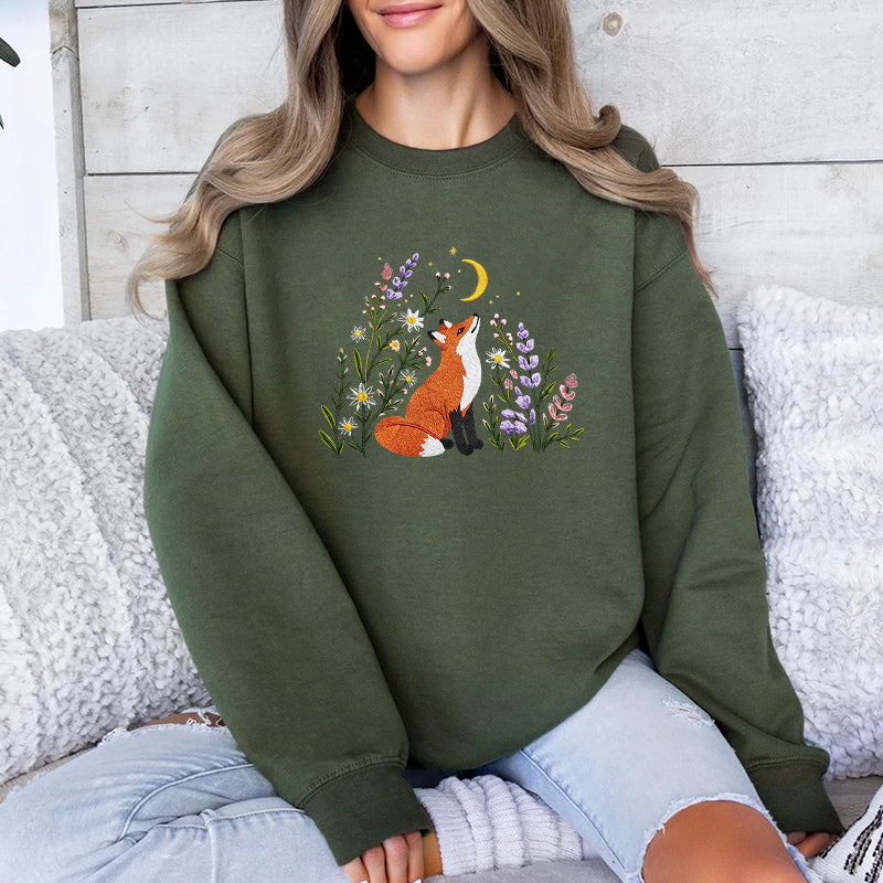 Embroidered Fox Wildflower Classic Crewneck Sweatshirt