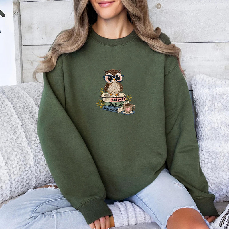 Embroidered Read Books Be Kind Owl Classic Crewneck Sweatshirt