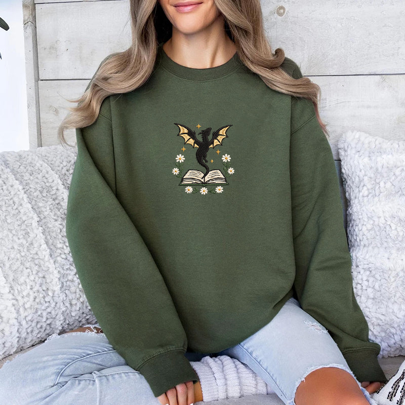 Embroidered Dragon Floral Book Classic Crewneck Sweatshirt