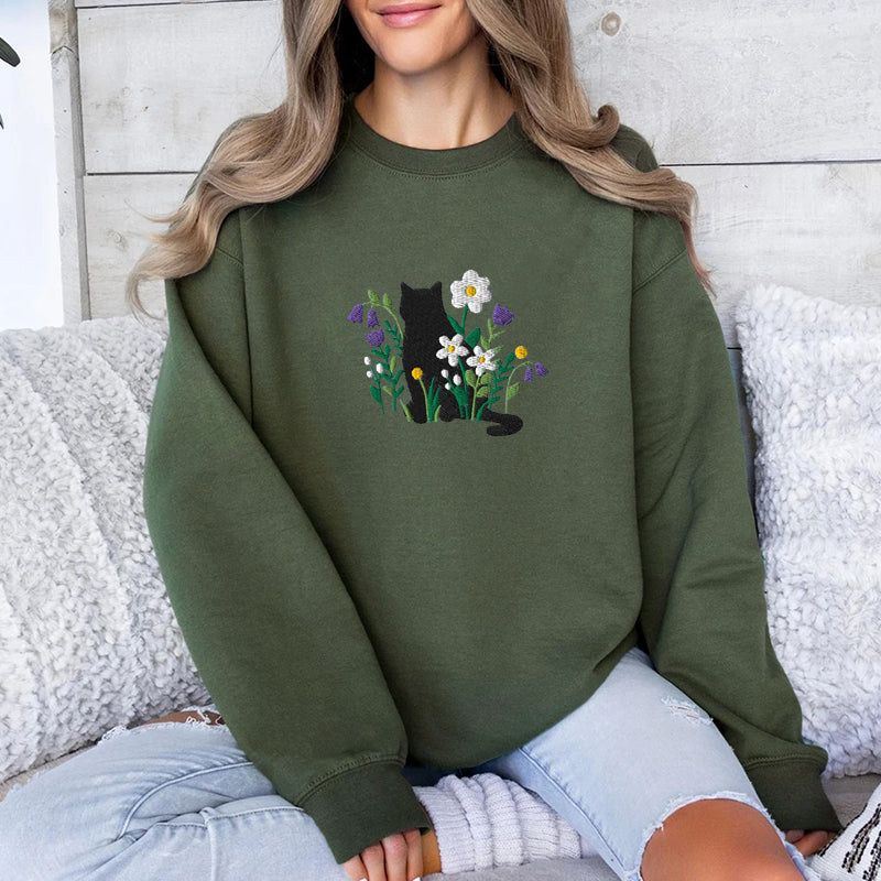 Embroidered Cottagecore Cat Classic Crewneck Sweatshirt