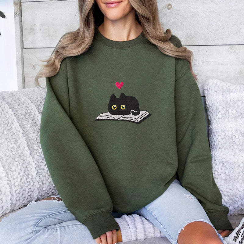 Embroidered Black Cat And Book Classic Crewneck Sweatshirt