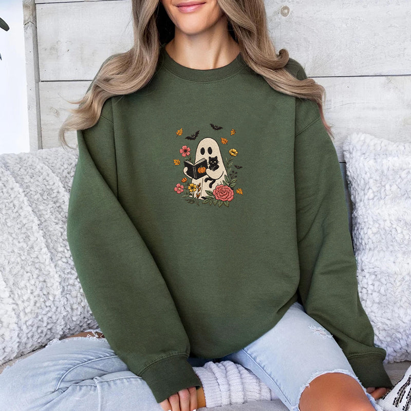 Embroidered Floral Ghost Reading Classic Crewneck Sweatshirt