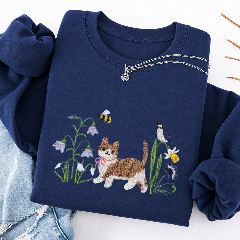 Embroidered Cat Wildflower Classic Crewneck Sweatshirt
