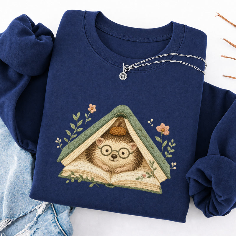 Embroidered Hedgehog Book Flower Classic Crewneck Sweatshirt