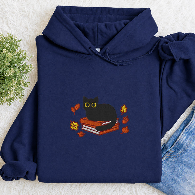 Embroidered Autumn Black Cat Book Classic Adult Unisex Hoodie