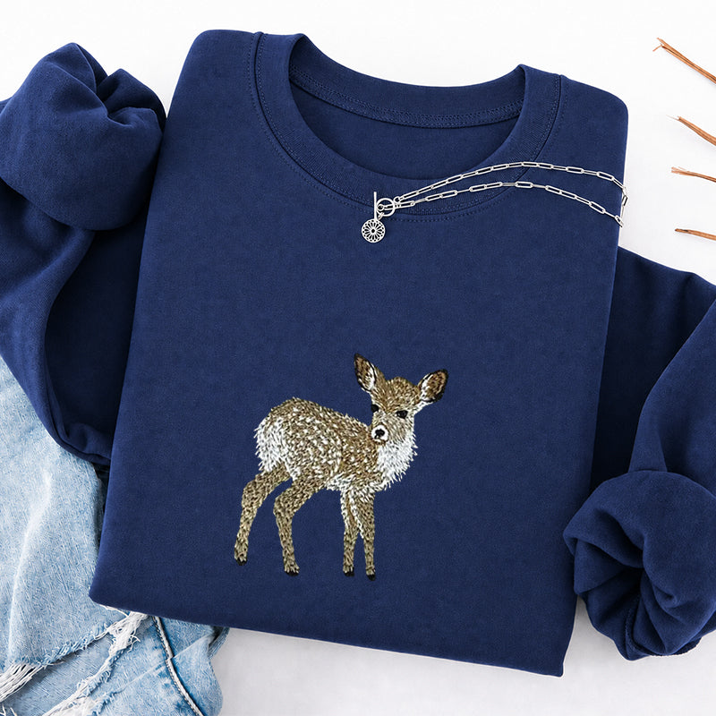 Embroidered Forest Deer Classic Crewneck Sweatshirt