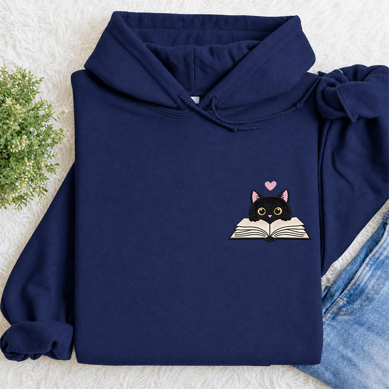 Embroidered Reading Black Cat Classic Adult Unisex Hoodie