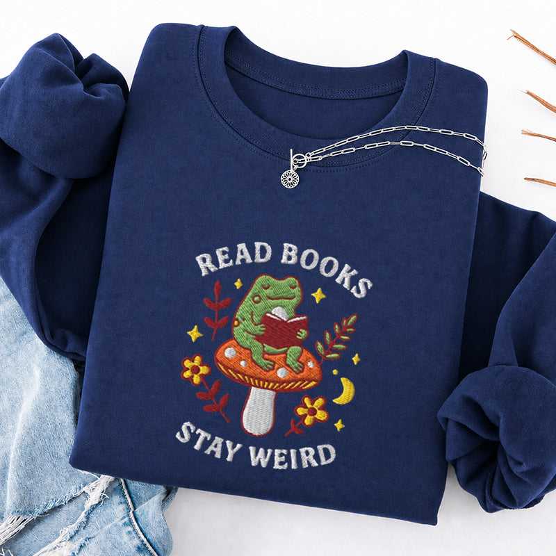 Embroidered Read Books Stay Weird Reading Frog Classic Crewneck Sweatshirt