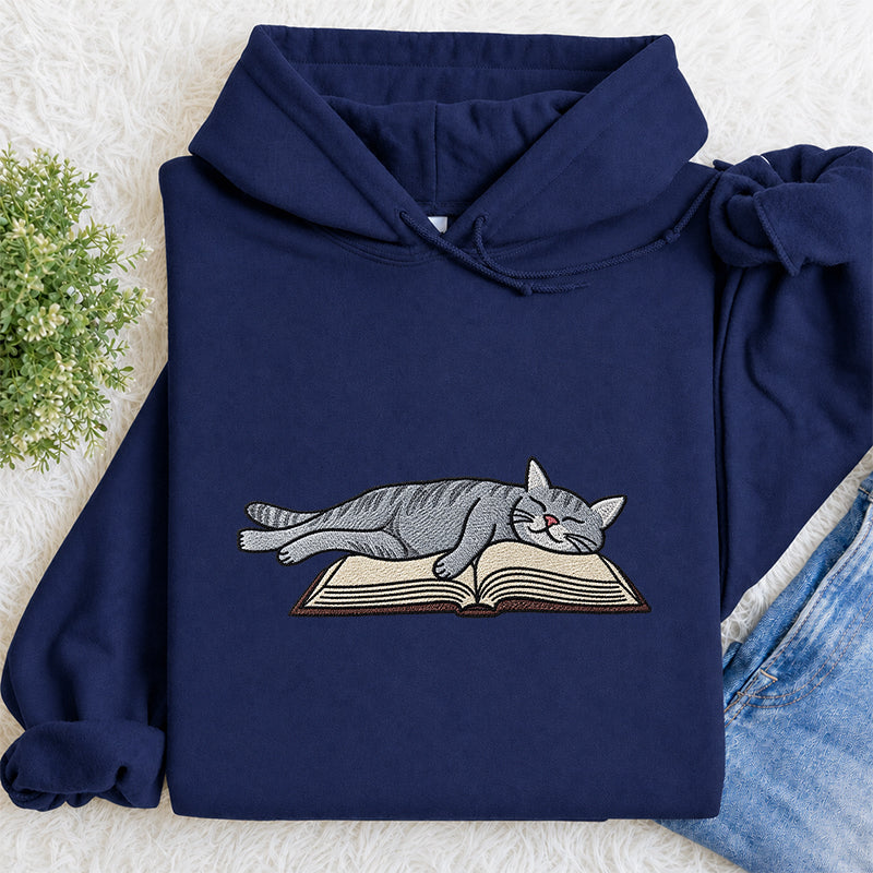 Embroidered Cat Sleeping On Book Classic Adult Unisex Hoodie