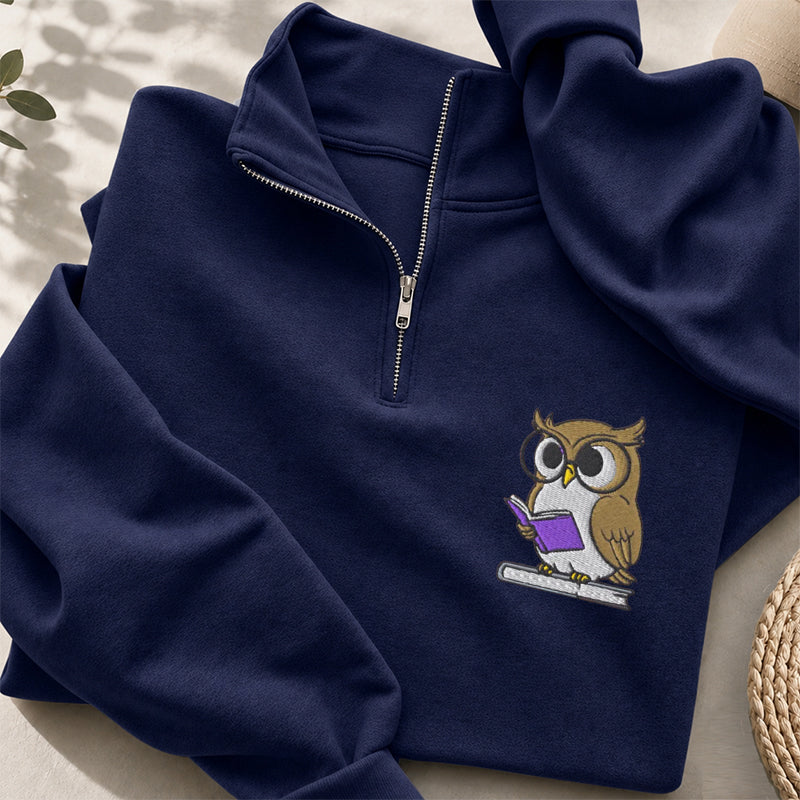 Embroidered Owl Reading Classic Quarter Zip Sweatshirt