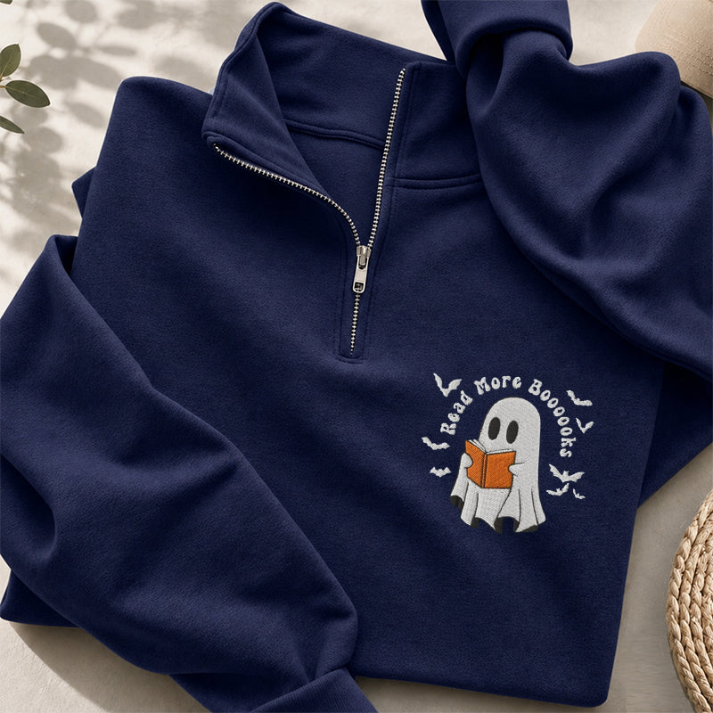 Embroidered Read More Boooooks Classic Quarter Zip Sweatshirt