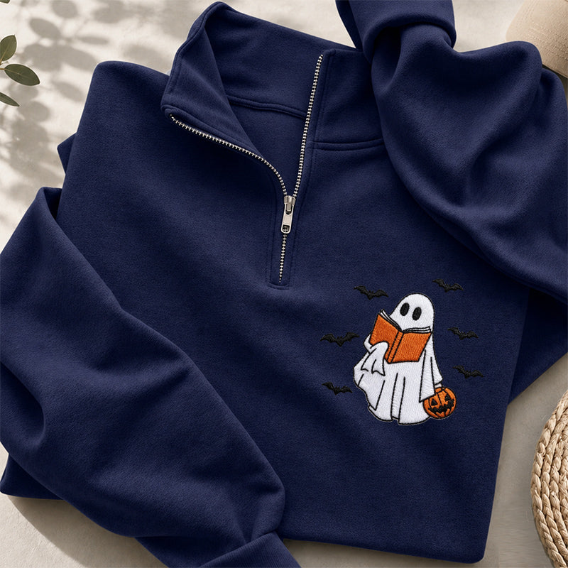 Embroidered Halloween Reading Ghost Classic Quarter Zip Sweatshirt