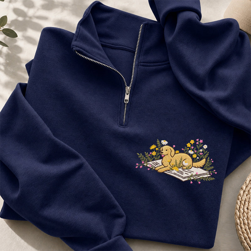 Embroidered Dog Lying On Book Classic Quarter Zip Sweatshirt