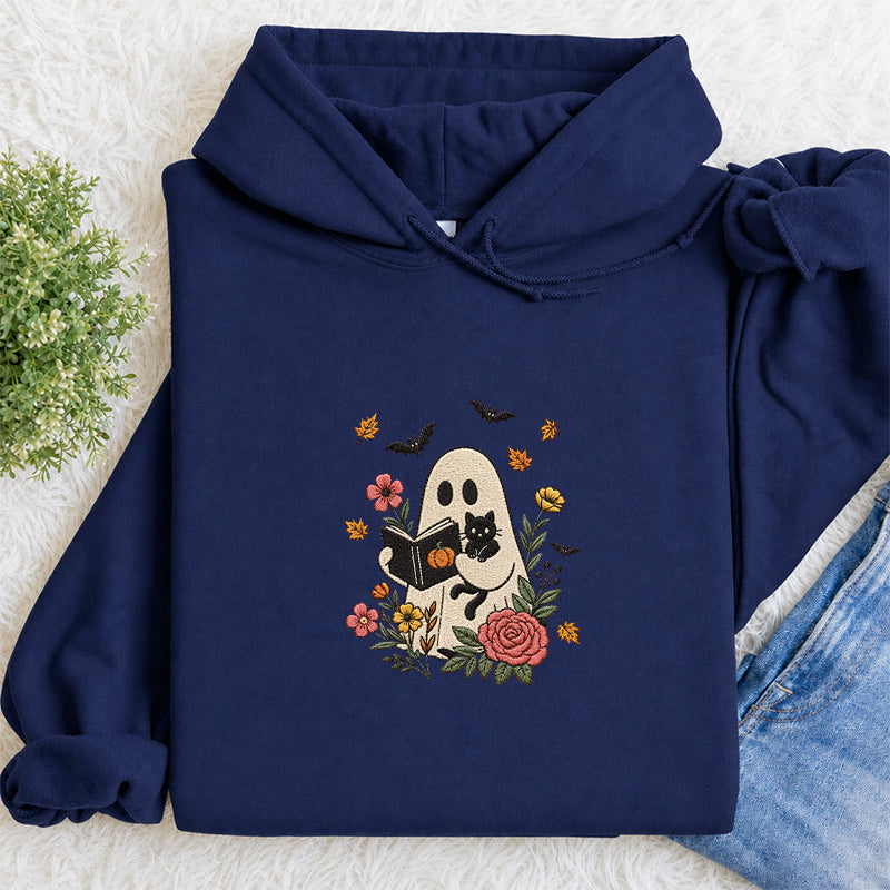 Embroidered Floral Ghost Reading Classic Adult Unisex Hoodie