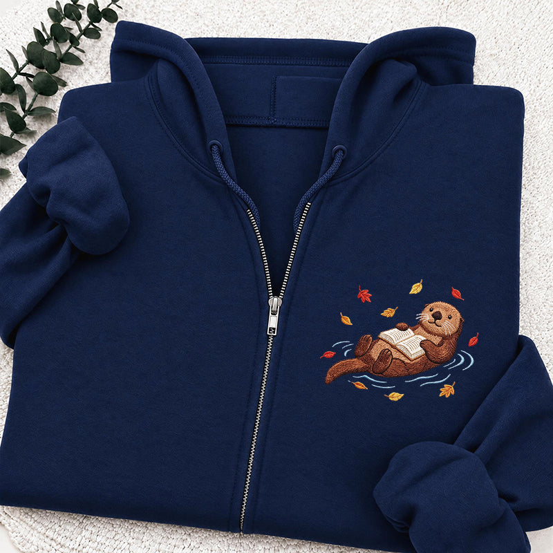 Embroidered Otter Reading Book Classic Full Zip Hoodie