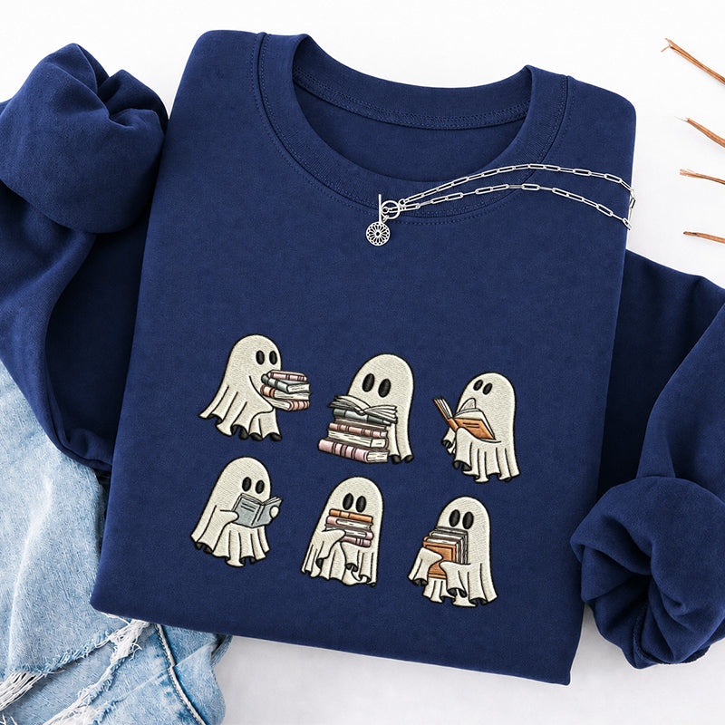 Embroidered Halloween Ghost Reading Classic Crewneck Sweatshirt