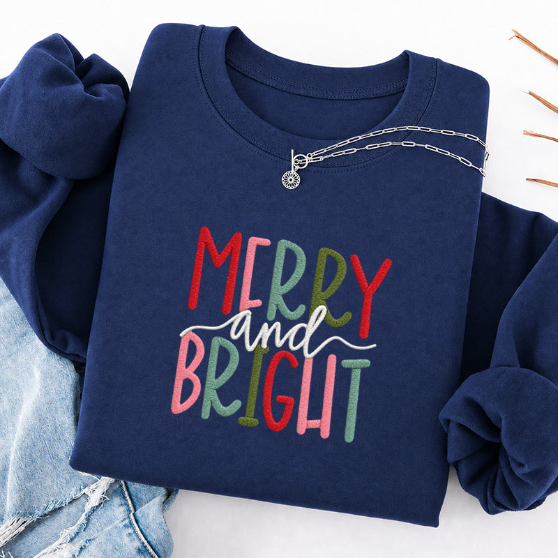Embroidered Merry And Bright Christmas Classic Crewneck Sweatshirt