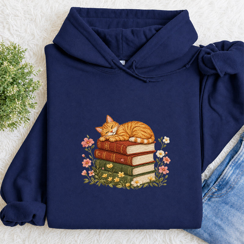 Embroidered Cat Sleeping On Books Classic Adult Unisex Hoodie