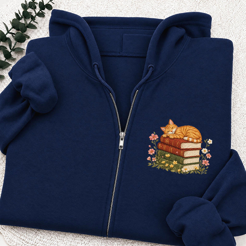 Embroidered Cat Sleeping On Books Classic Full Zip Hoodie