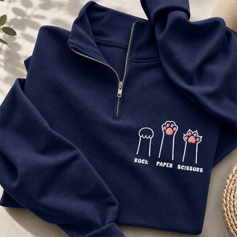 Embroidered Rock Paper Scissors Cat Paw Classic Quarter Zip Sweatshirt