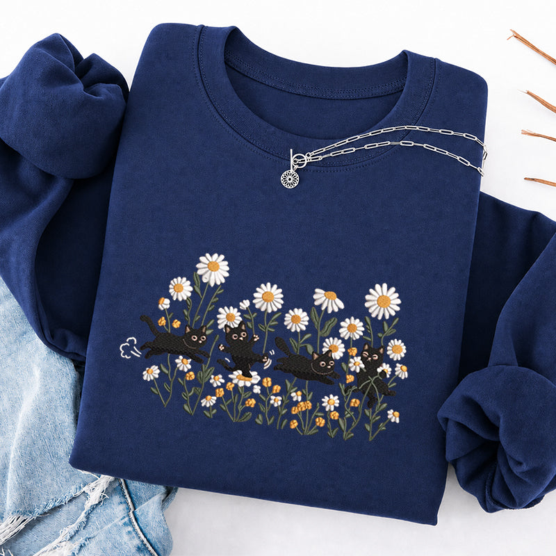 Embroidered Garden Playing Cats Daisy Classic Crewneck Sweatshirt