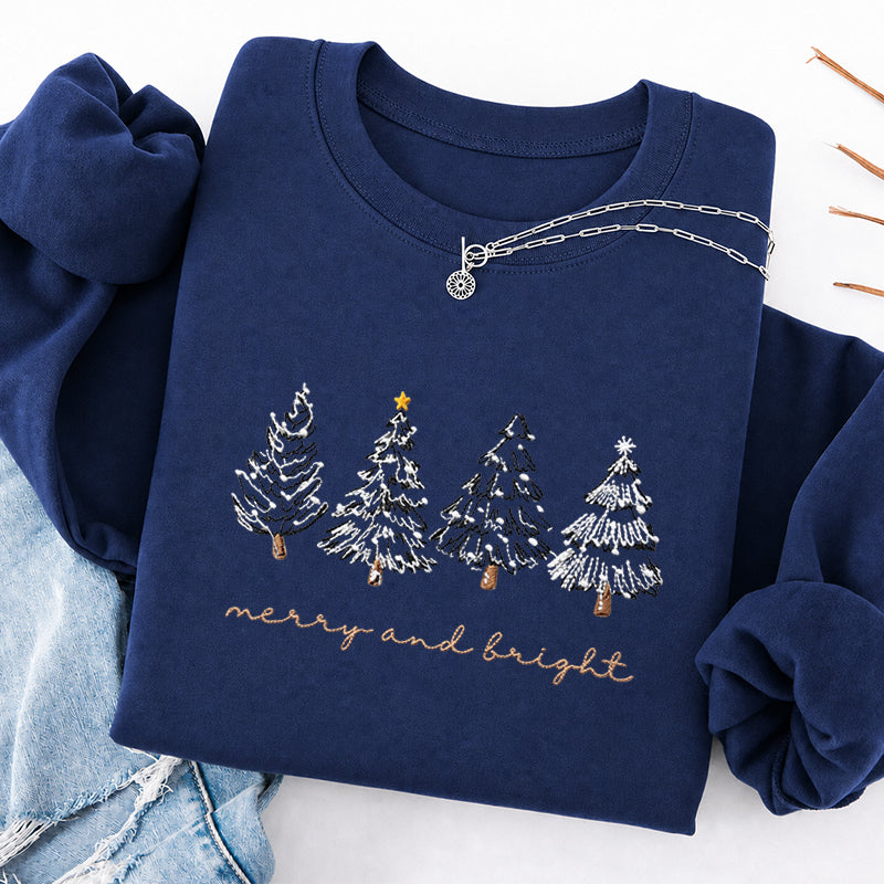 Embroidered Merry & Bright Christmas Tree Classic Crewneck Sweatshirt