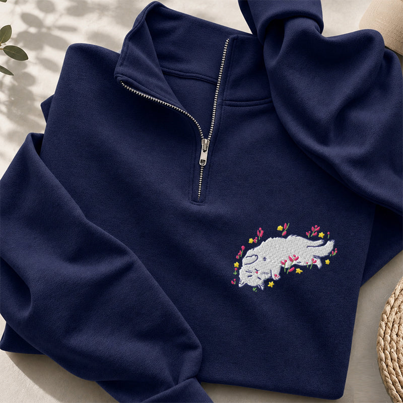 Embroidered Floral Playing Cat Classic Quarter Zip Sweatshirt