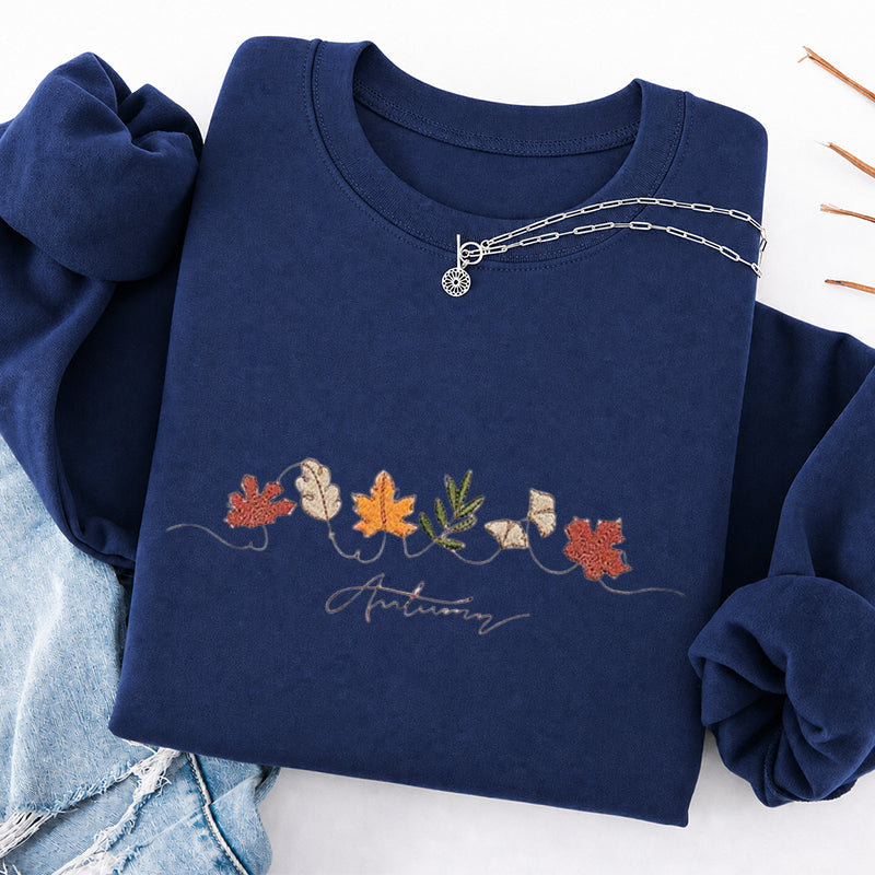 Embroidered Autumn Leaves Classic Crewneck Sweatshirt