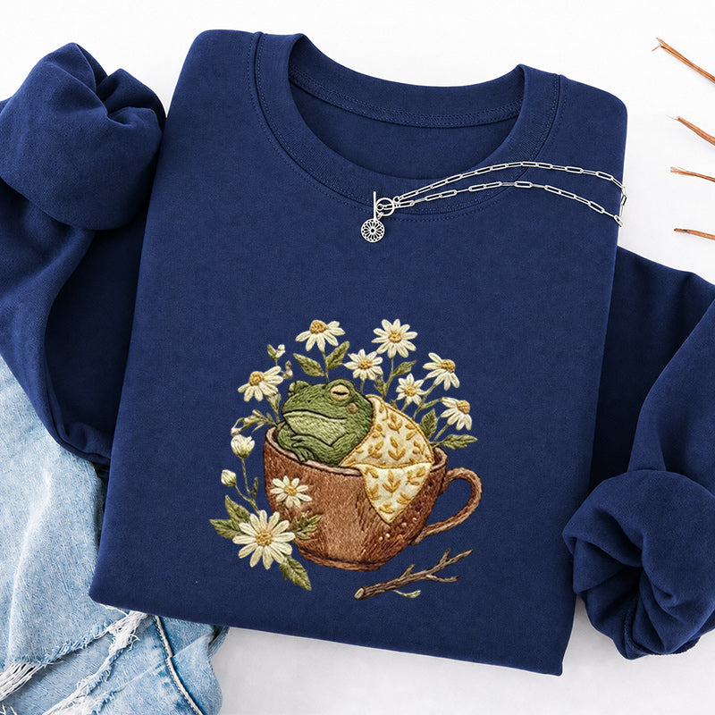 Embroidered Frog in Teacup Classic Crewneck Sweatshirt
