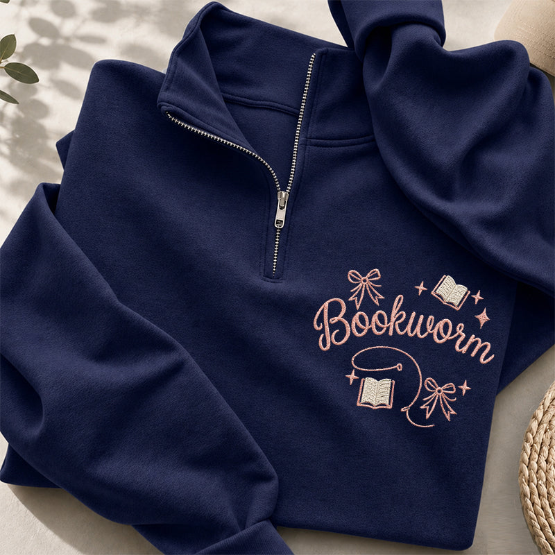 Embroidered Funny Bookworm Classic Quarter Zip Sweatshirt