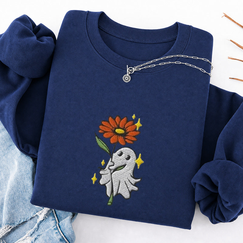 Embroidered Ghost Holding a Flower Classic Crewneck Sweatshirt