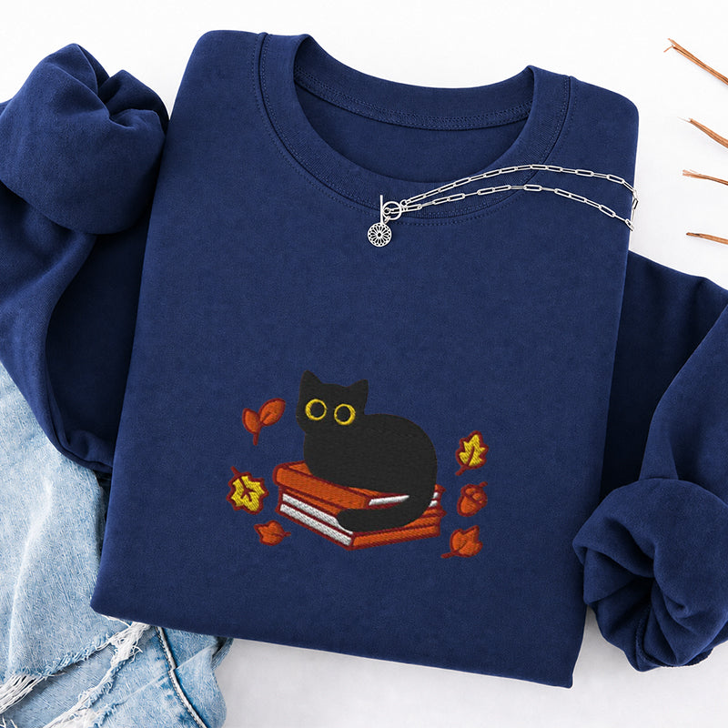 Embroidered Autumn Black Cat Book Classic Crewneck Sweatshirt