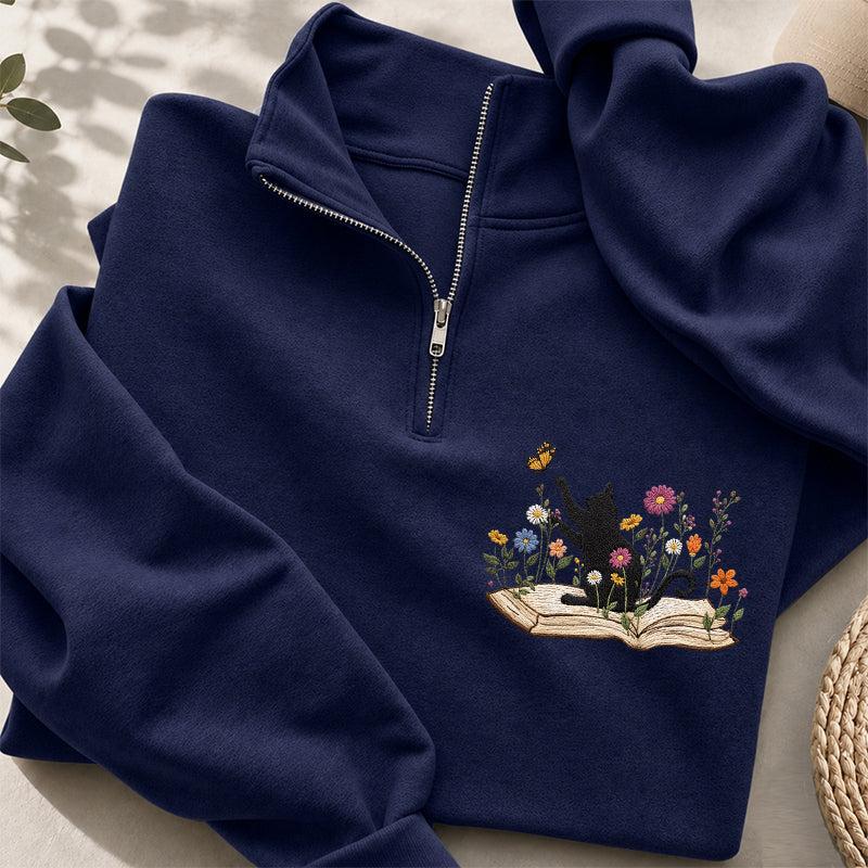 Embroidered Floral Book Cat Classic Quarter Zip Sweatshirt