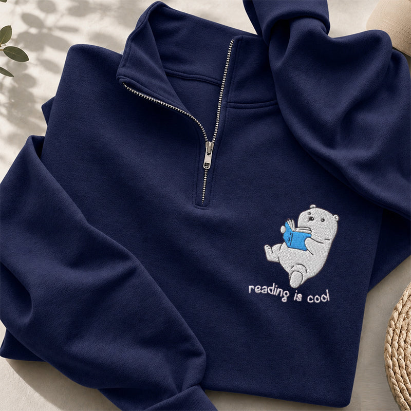 Embroidered Reading Is Cool Polar Bear Classic Quarter Zip Sweatshirt