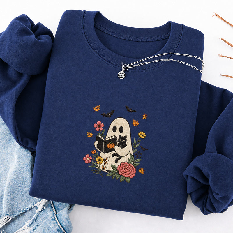 Embroidered Floral Ghost Reading Classic Crewneck Sweatshirt