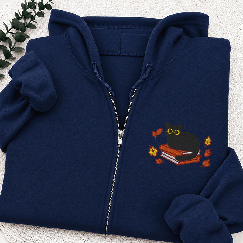 Embroidered Autumn Black Cat Book Classic Adult Unisex Full Zip Hoodie