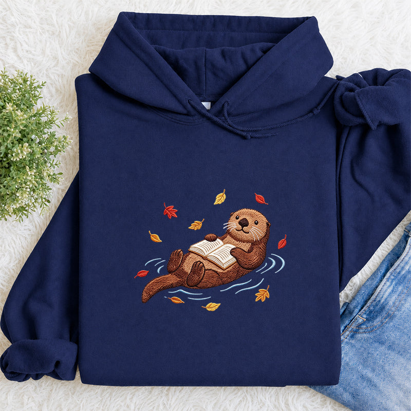 Embroidered Otter Reading Books Classic Adult Unisex Hoodie