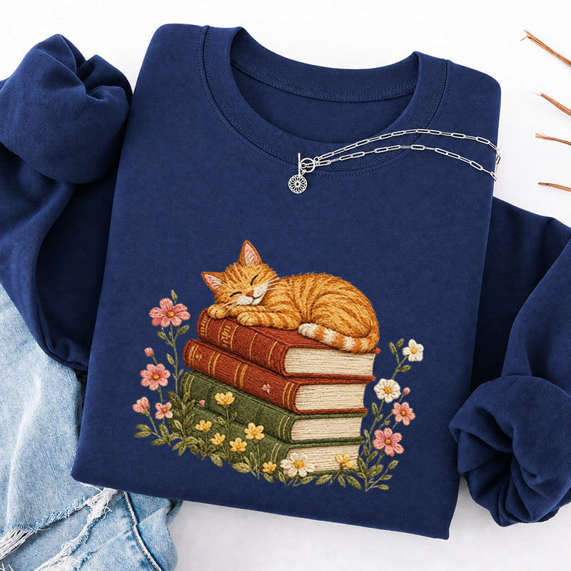 Embroidered Cat Sleeping On Books Classic Crewneck Sweatshirt